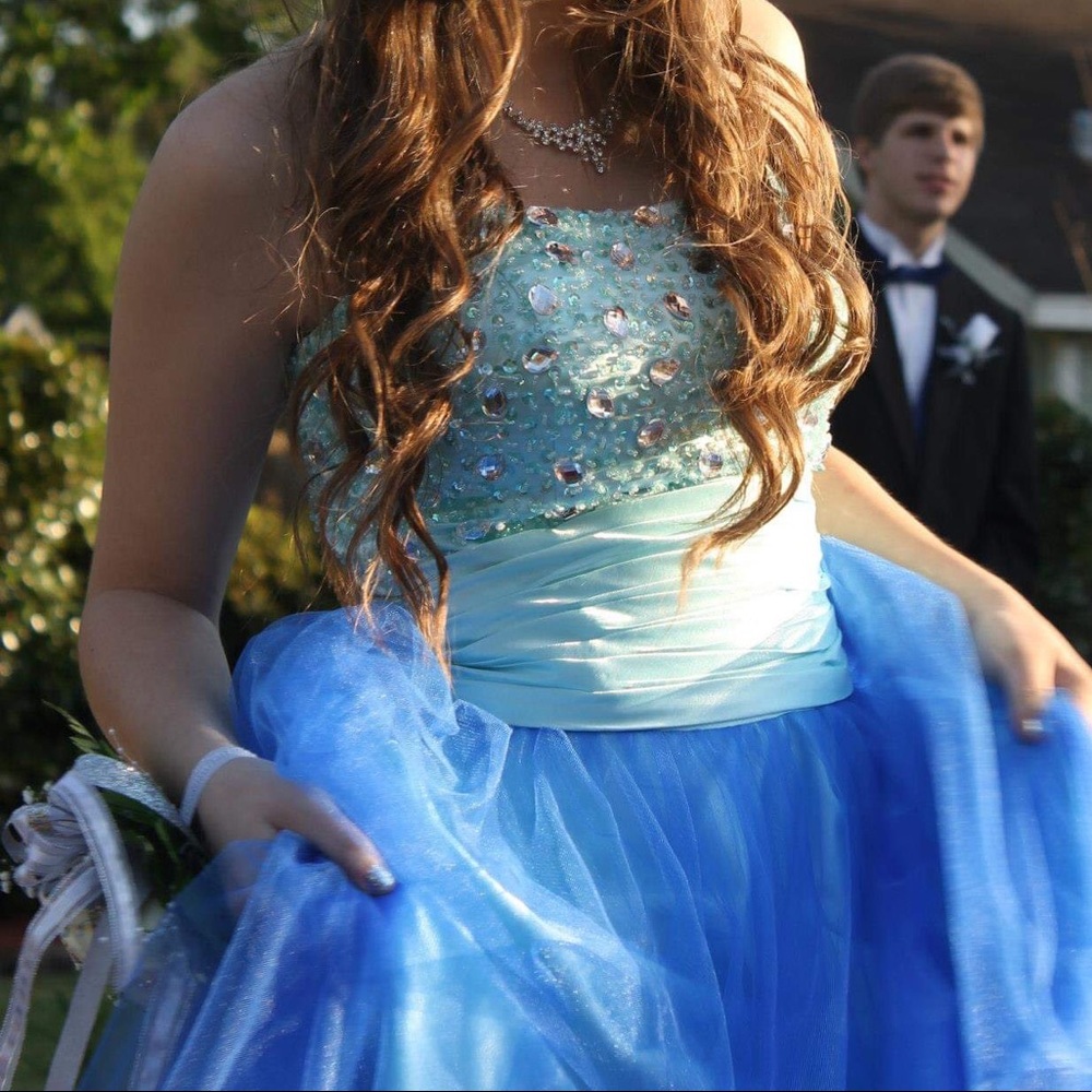 duochrome blue tulle prom dress with sequins